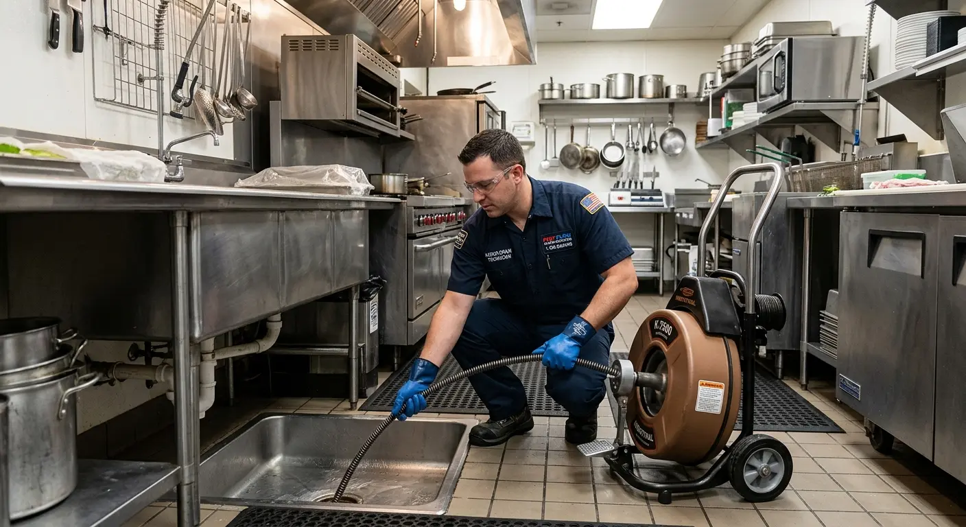 Commercial drain cleaning service in a restaurant kitchen in Kendall