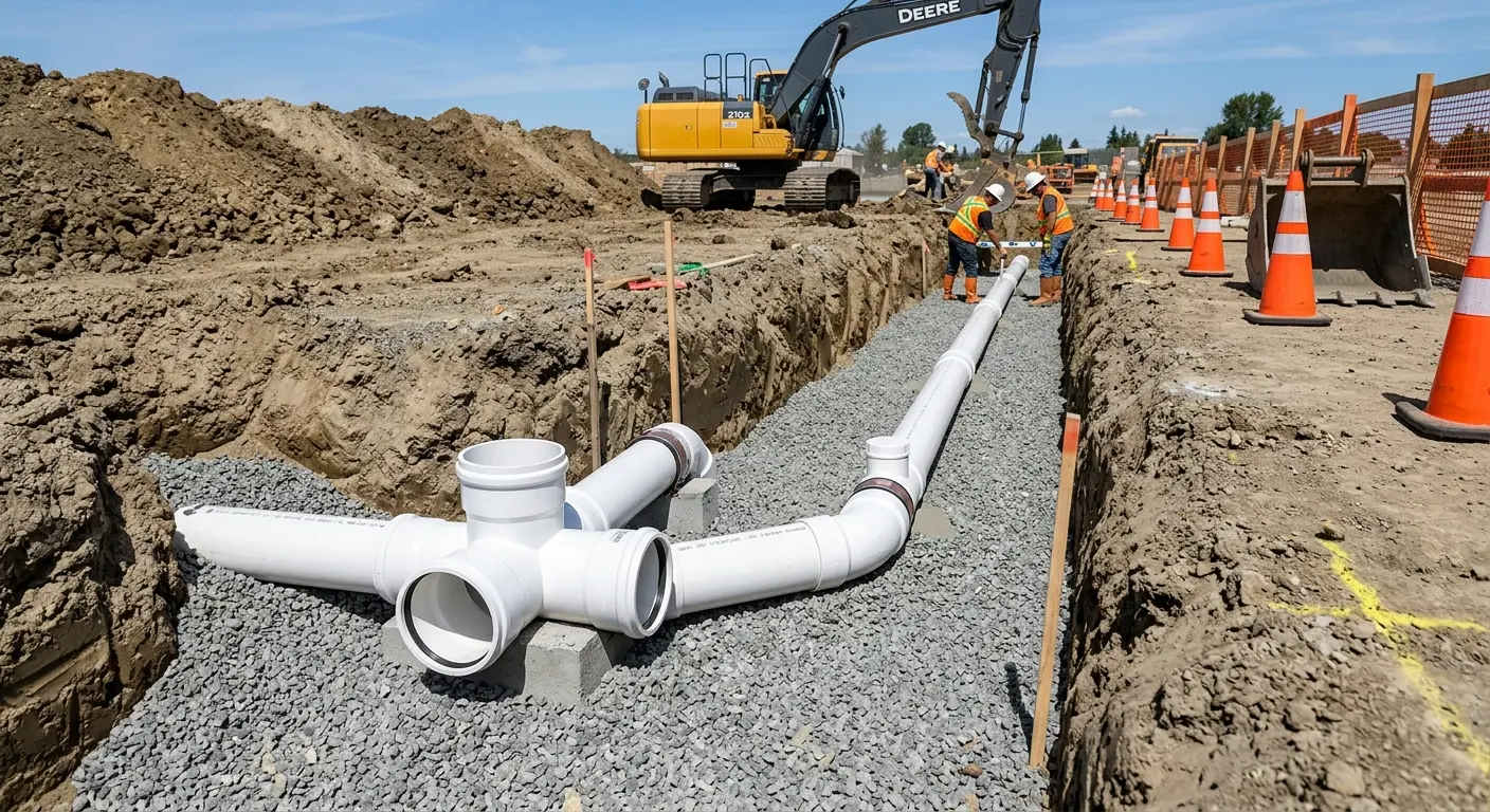 New PVC sewer pipe installation in open trench for Commercial Drain Cleaning in Kendall